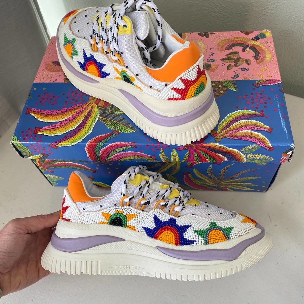 NEW FARM Rio Sunset Beaded Platform Sneaker White Multi Colored Women's Size 8